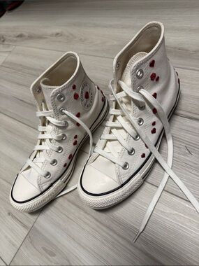 Converse High Top Sneakers - Cream Canvas with Red Heart Accents